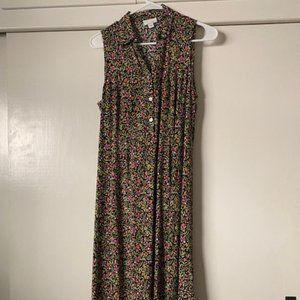 sleeve-less dress XS floral print- greens, pinks, oranges with black background